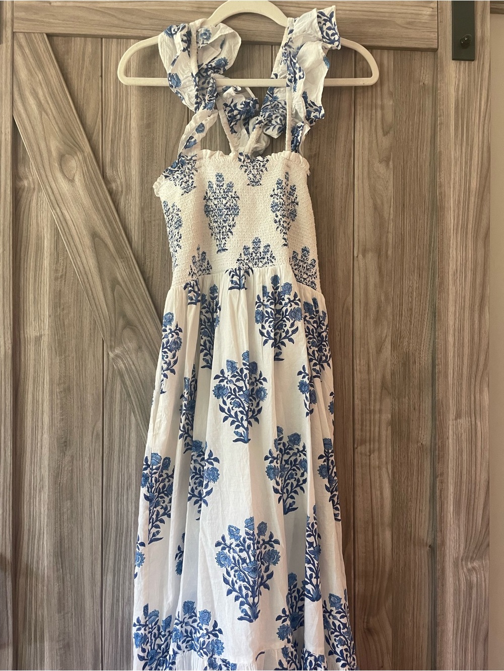 Marea Sasco Smocked White Maxi Dress with Blue Floral Print